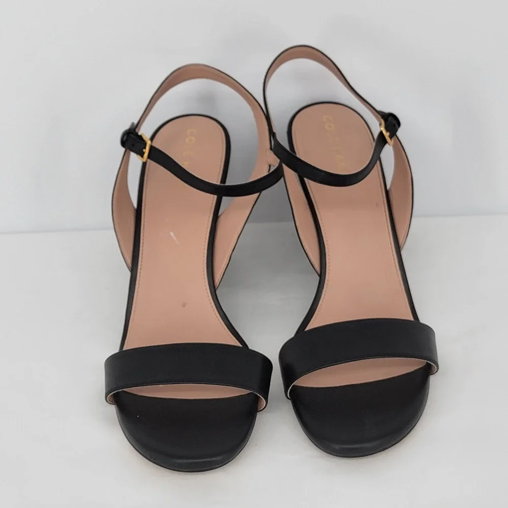 Cole Haan Grand 360 Black Leather Wedge Sandals Womens 10.5 B Ankle Strap Gold